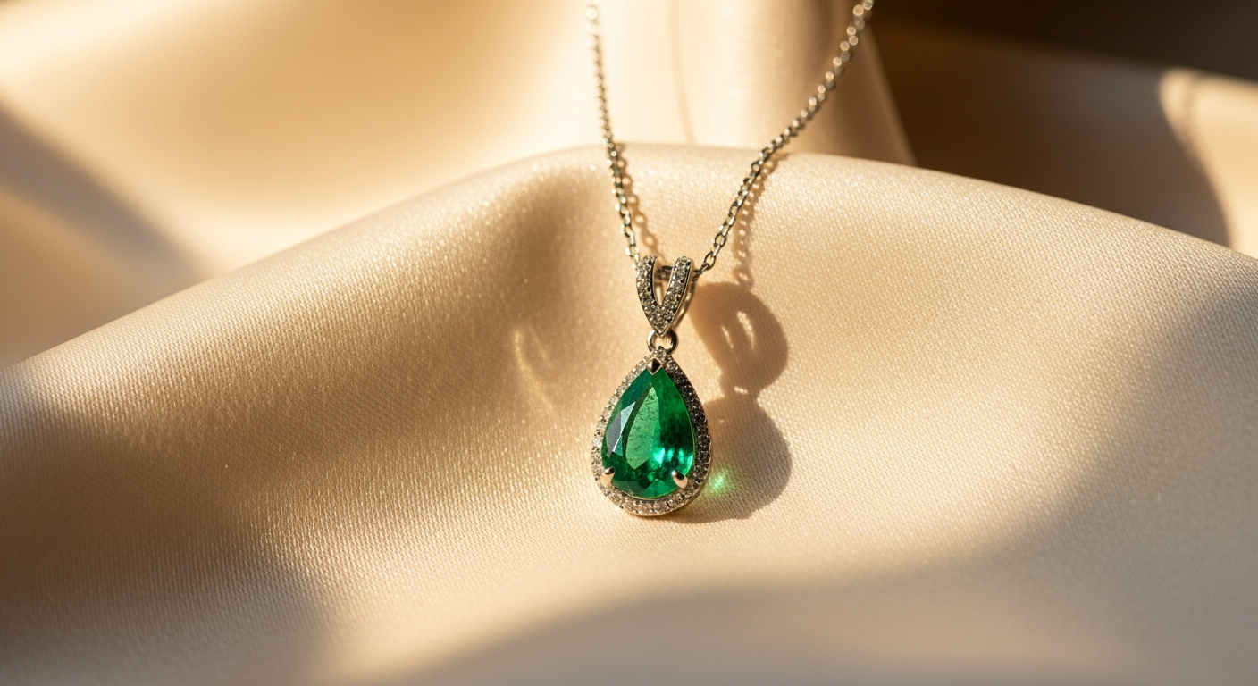Angara Emerald Teardrop Diamond Pendant with prong setting and V-bale design