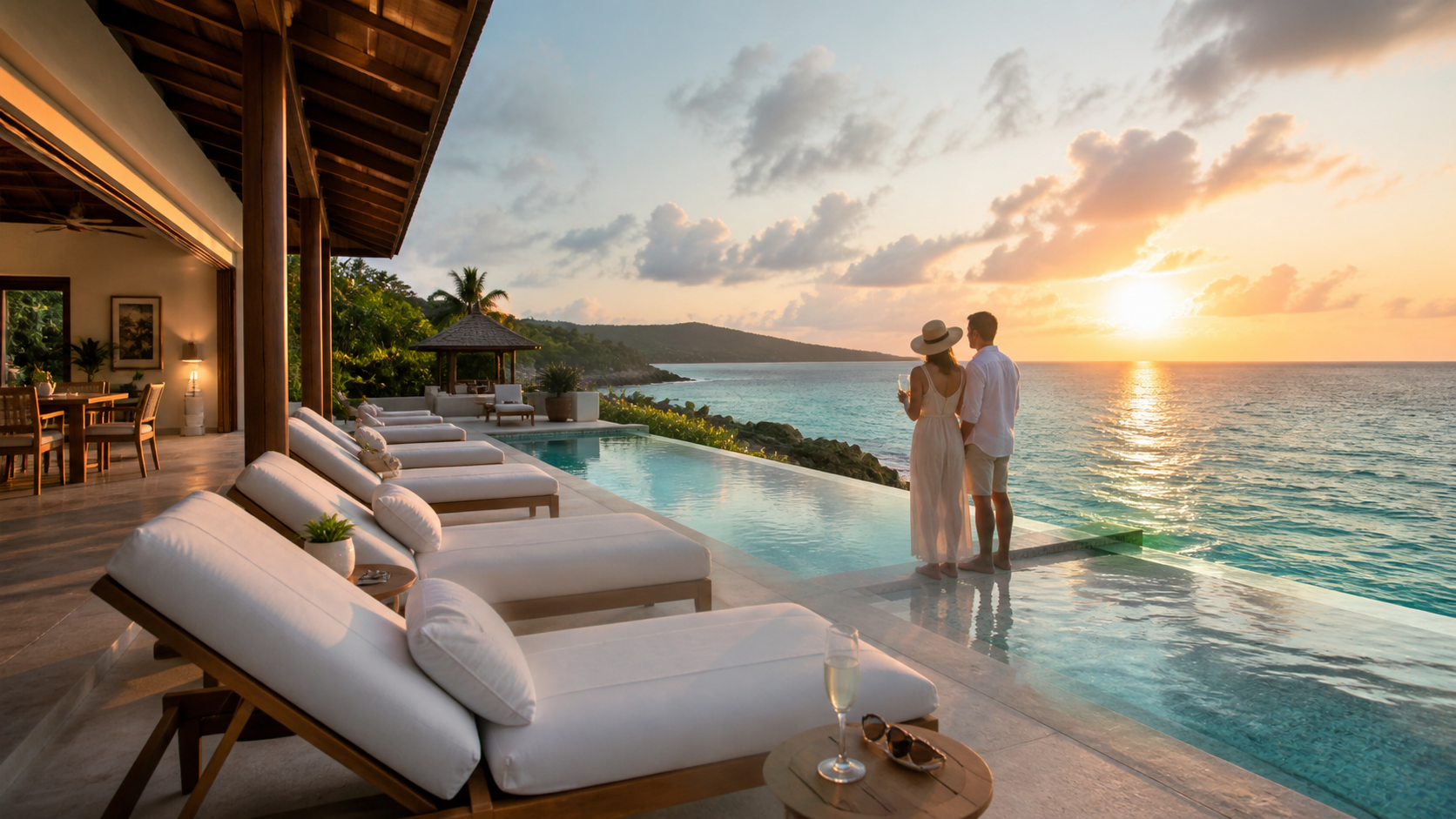 Luxury beech resort pool area with oceanfront views and lounge seating