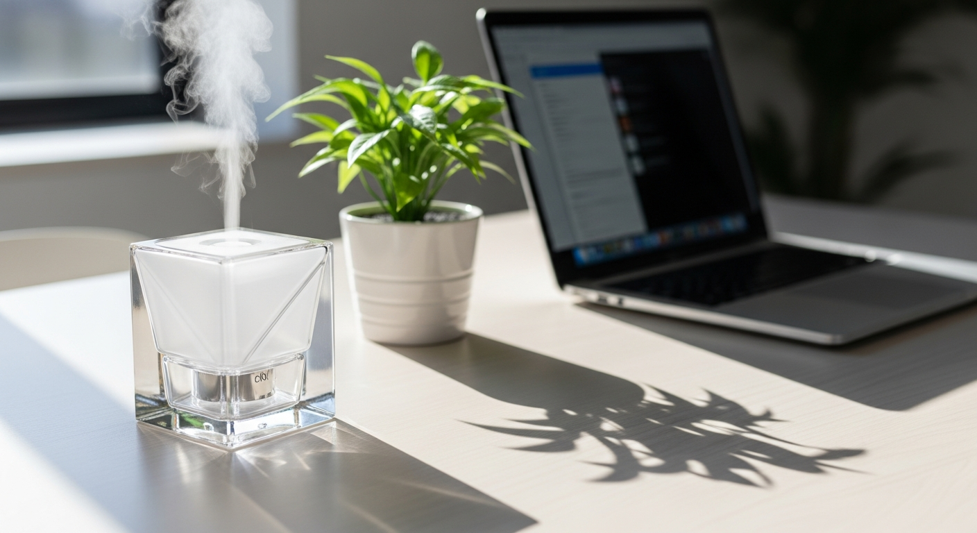 B Calm Geometric Glass Aroma Diffuser with soft ambient lighting on modern office desk