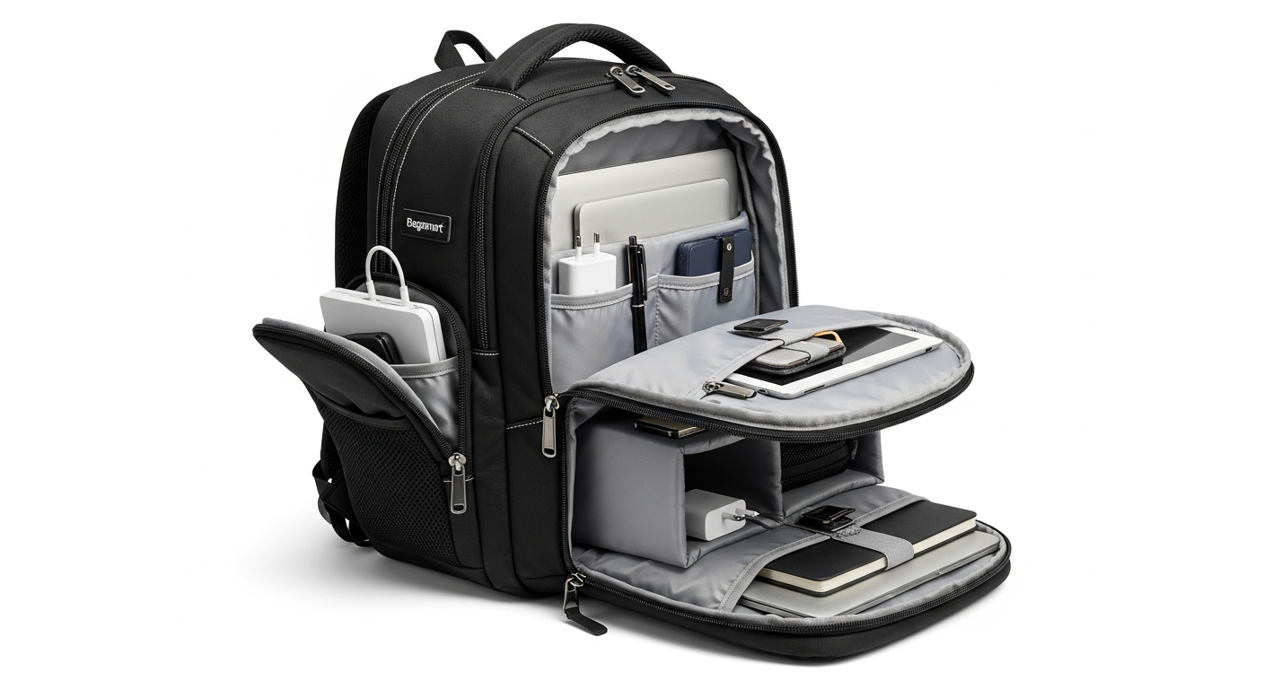Bagsmart Blast Expandable Backpack with organized compartments for clothing, laptop, shoes, and travel essentials.