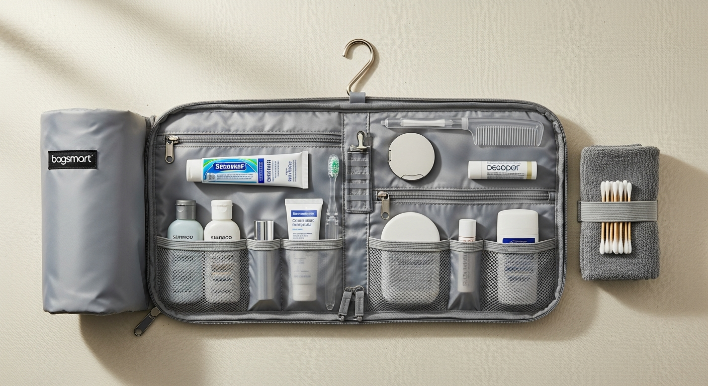 Bagsmart Hanging Toiletry Bag with organized compartments for toiletries, skincare products, cosmetics, and travel essentials.