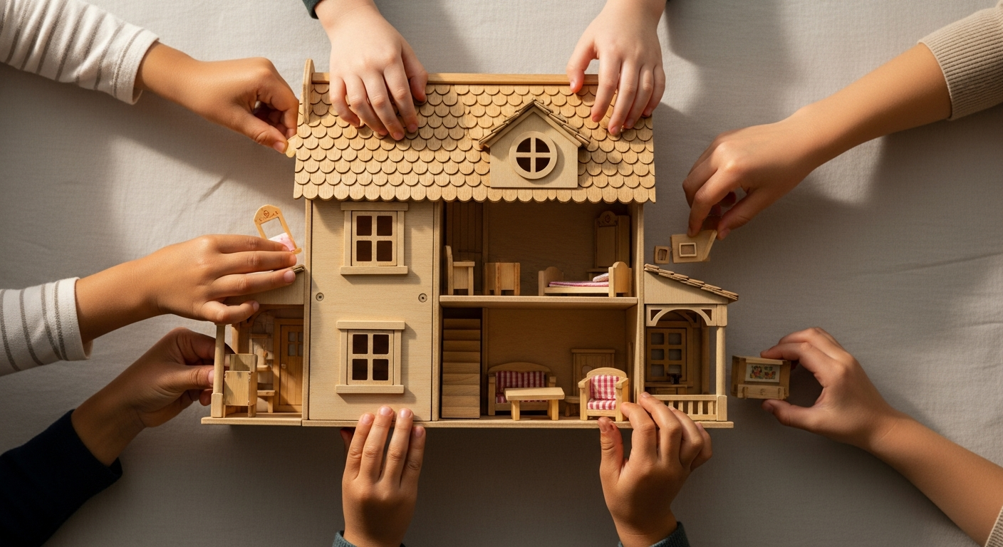 Wooden dollhouse furniture set with eco-friendly sustainable materials for children