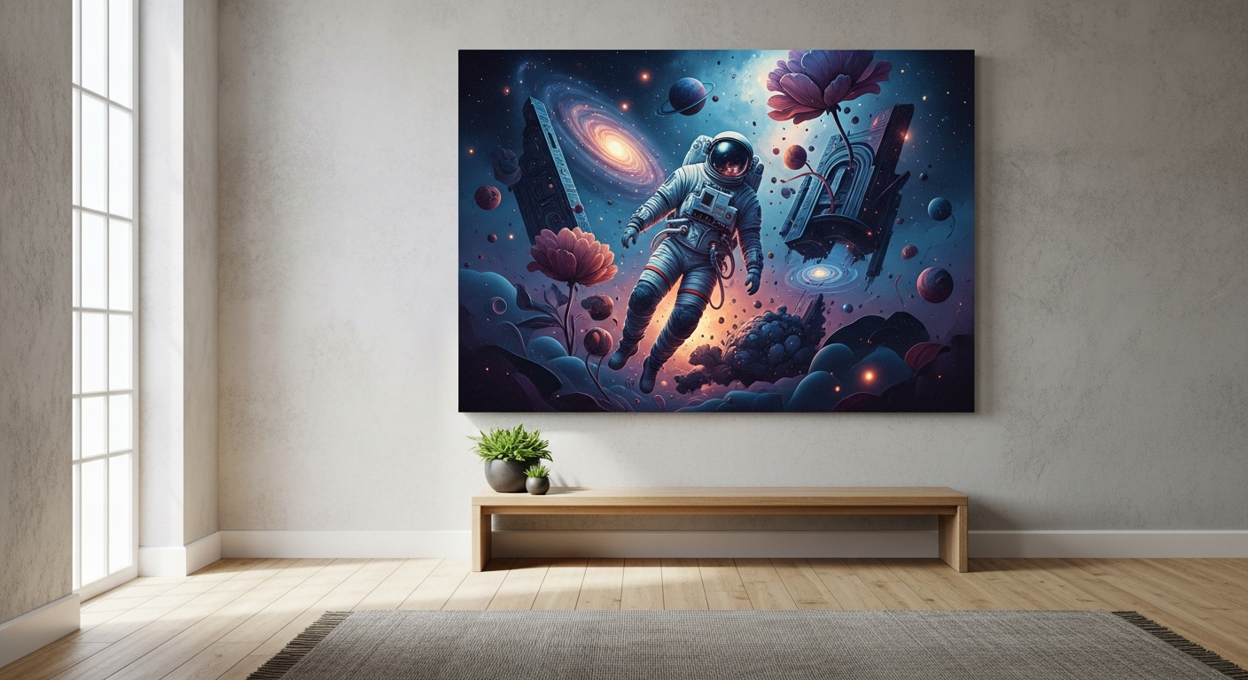 Surreal astronaut figure lost in cosmic neon pink landscape