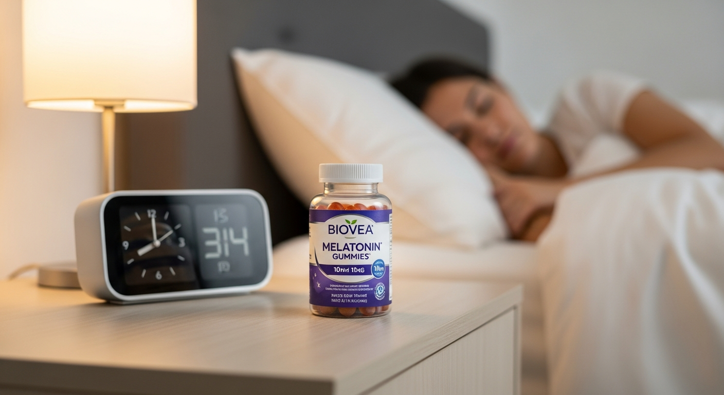 Biovea Melatonin Gummies 10mg Mixed Berry bottle with gummies displayed on white background