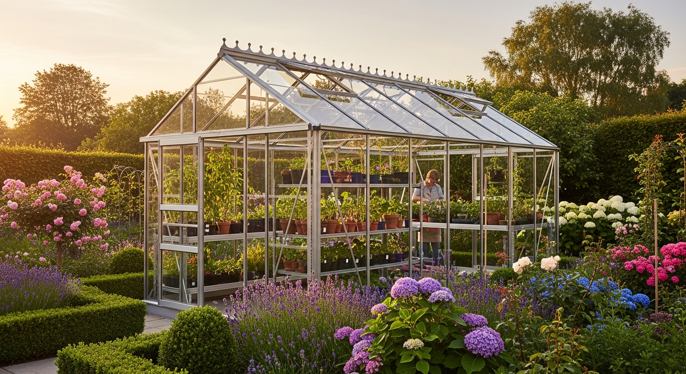 Classic Aluminum Greenhouse UK with powder-coated frame and toughened glass panels in garden setting