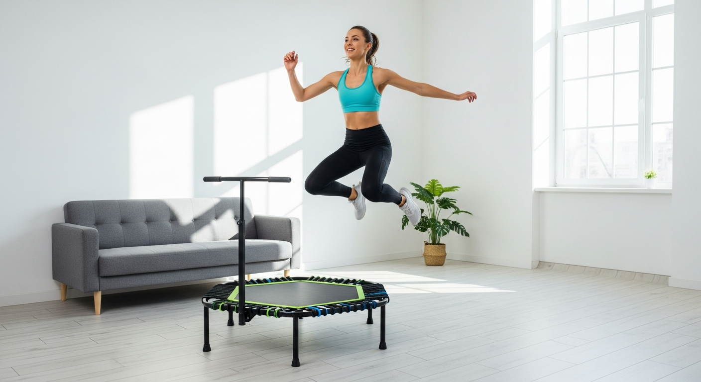 Boogie Bounce Elite Fitness Rebounder with silent bungee technology in apartment living room