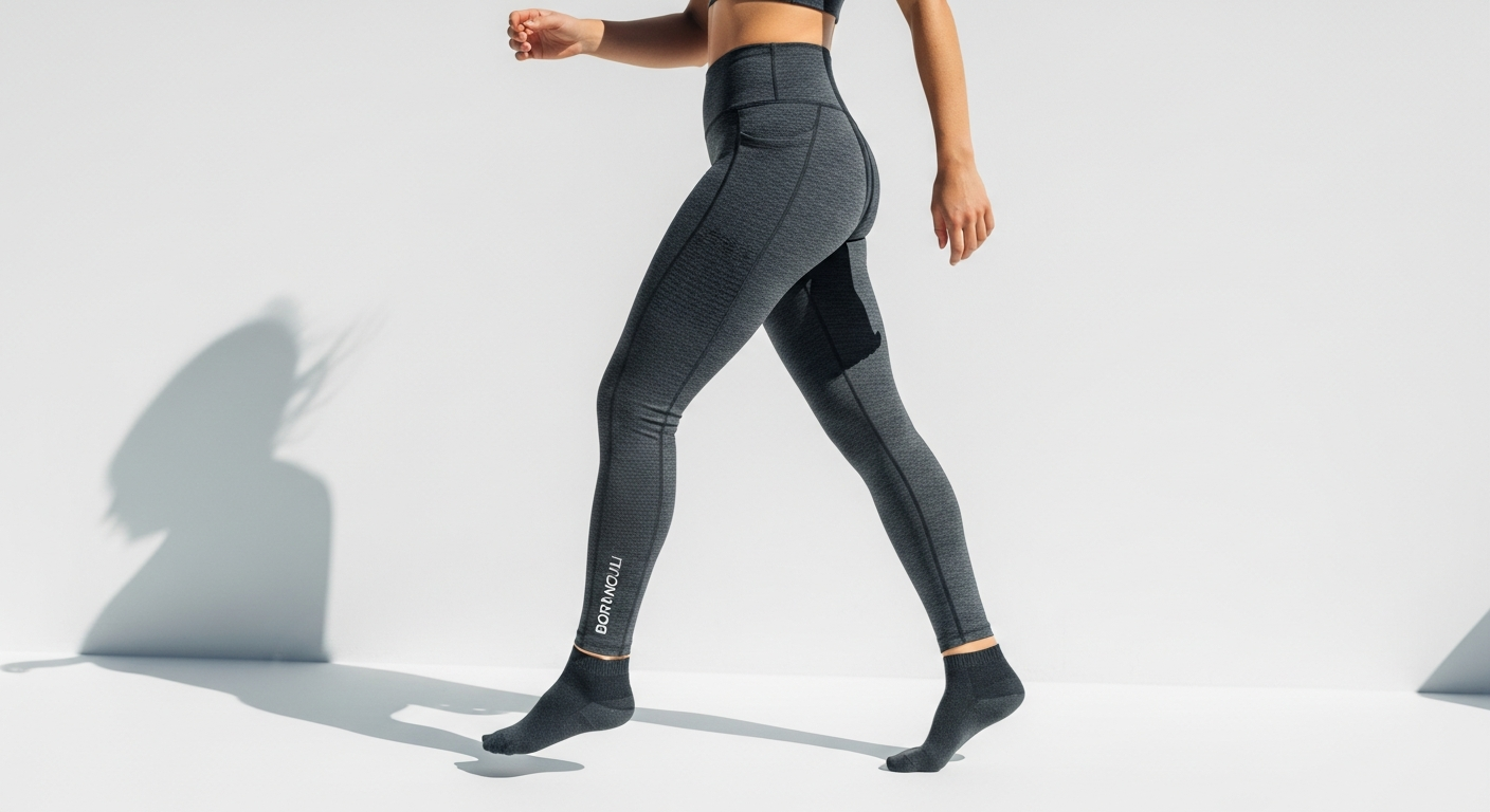 Woman wearing Born Nouli high-waisted sculpting leggings during intense workout session
