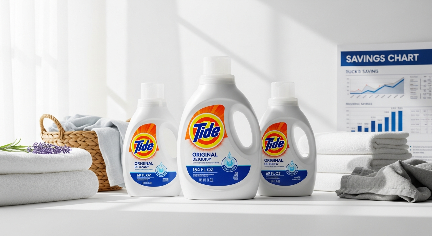 Tide Original Liquid Laundry Detergent bottle with stain-fighting formula displayed prominently