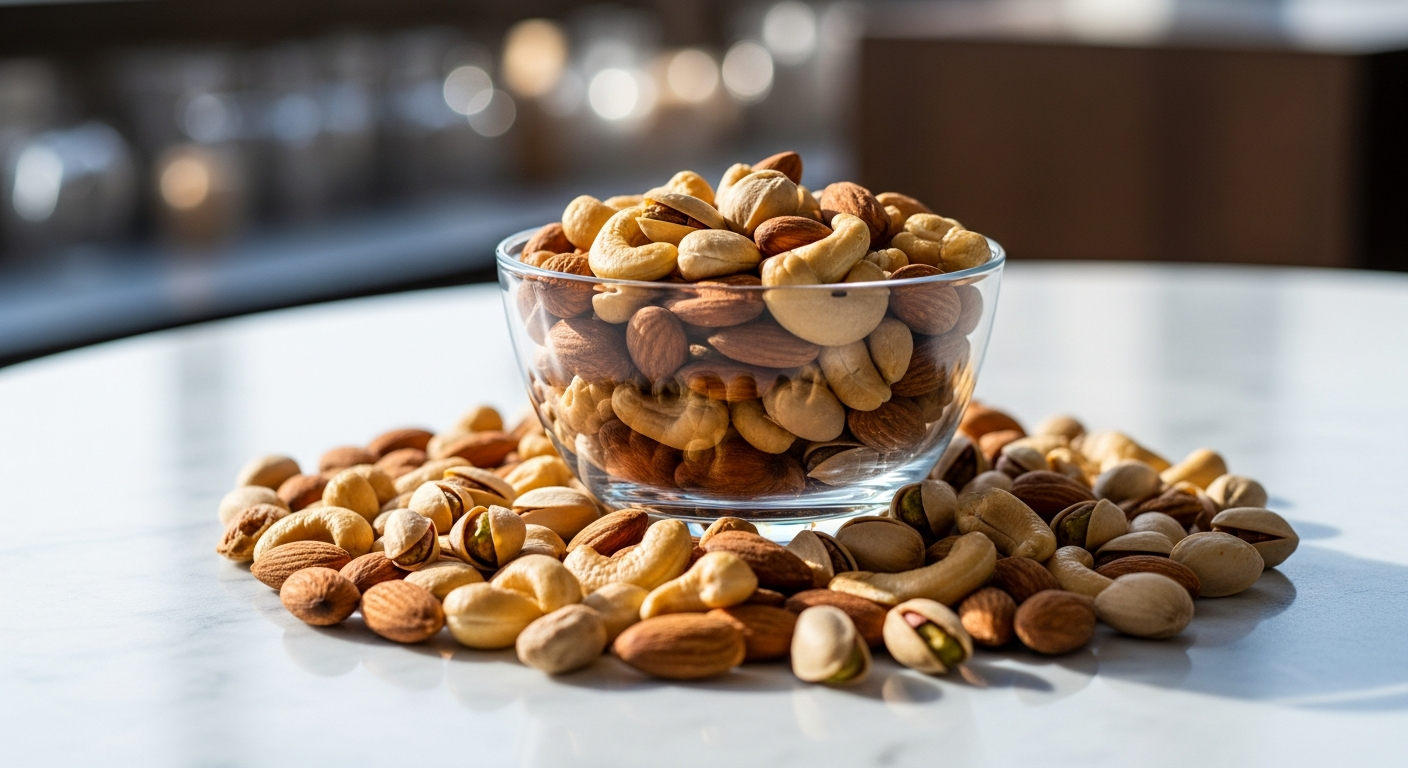 Premium gourmet roasted nut mix in elegant glass jar with corporate branding