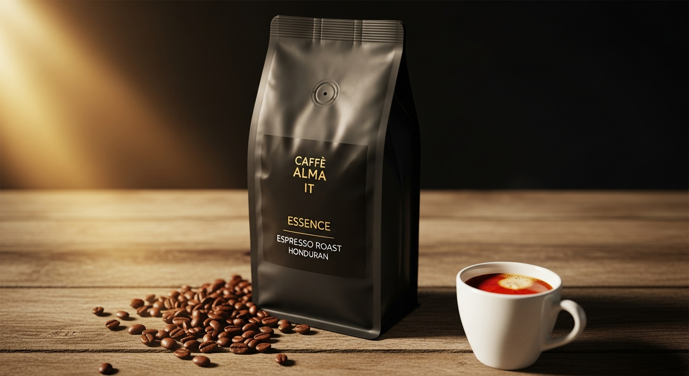 Essence Espresso Roast coffee beans in a premium package from Alma Coffee