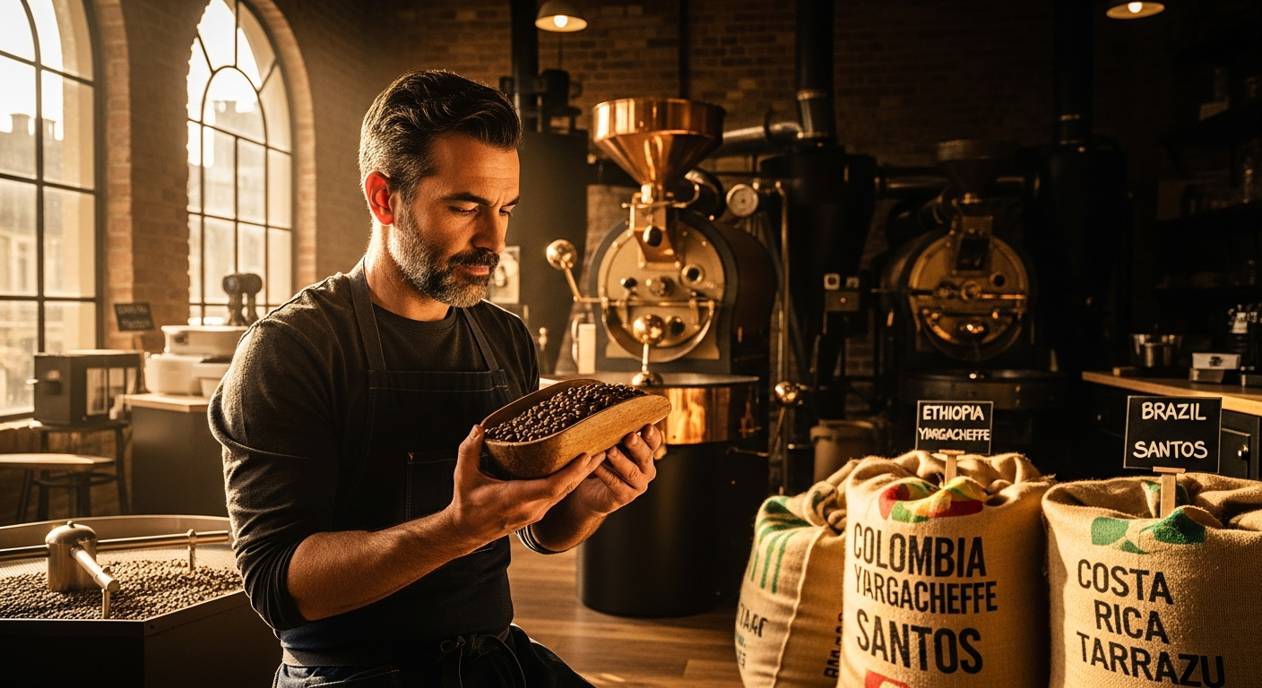 Artisan single-origin Italian coffee beans in a ceramic cup with roasted beans scattered nearby