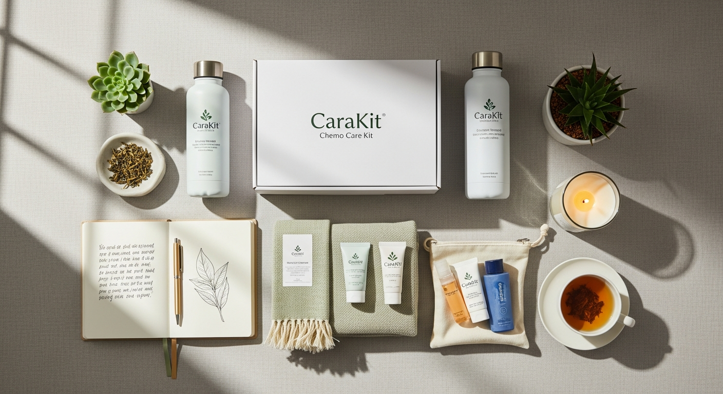 CaraKit Chemotherapy Care Kit Medium Box with cancer support products and comfort items displayed
