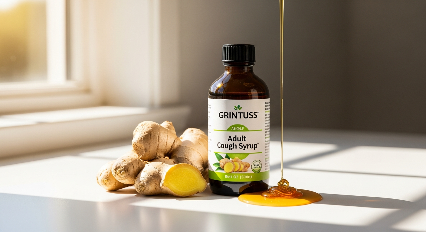 Grintuss Adult Cough Syrup bottle with honey and plant ingredients displayed