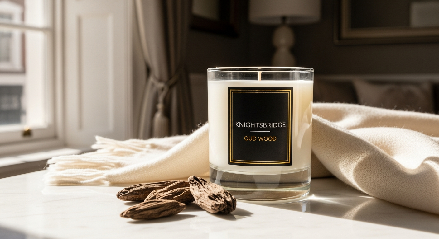 Knightsbridge luxury oud wood scented candle in premium glass with warm amber glow