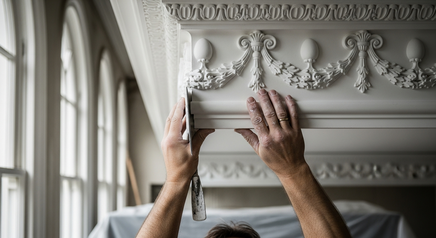 Ornate Victorian plaster coving with acanthus leaf detailing on period property ceiling