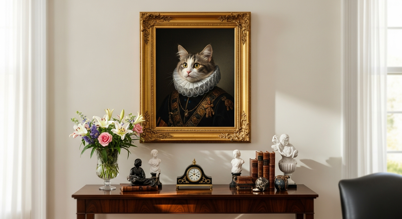 Custom Renaissance pet portrait canvas transforming beloved pet into regal historical artwork