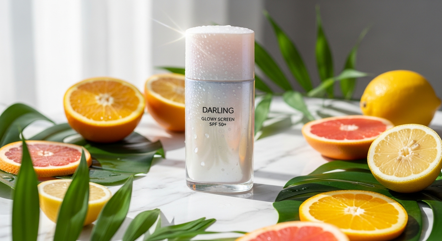 DARLING Glowy Screen SPF 50+ sunscreen bottle with dewy luminous finish on skin