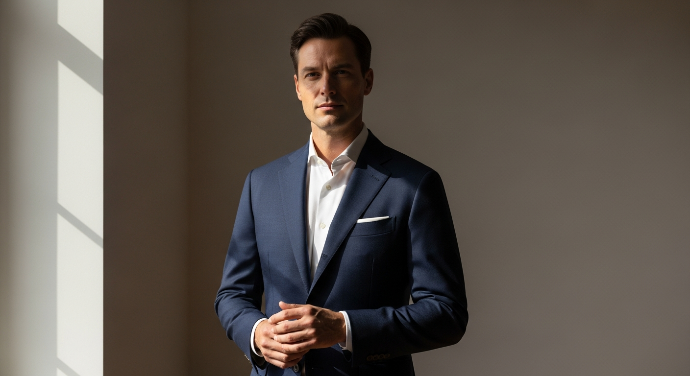DEVRED Classic Men's Tailored Blazer in navy wool fabric displayed on mannequin