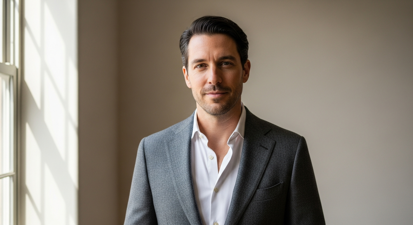 Man wearing classic tailored navy wool blazer with dress shirt and trousers