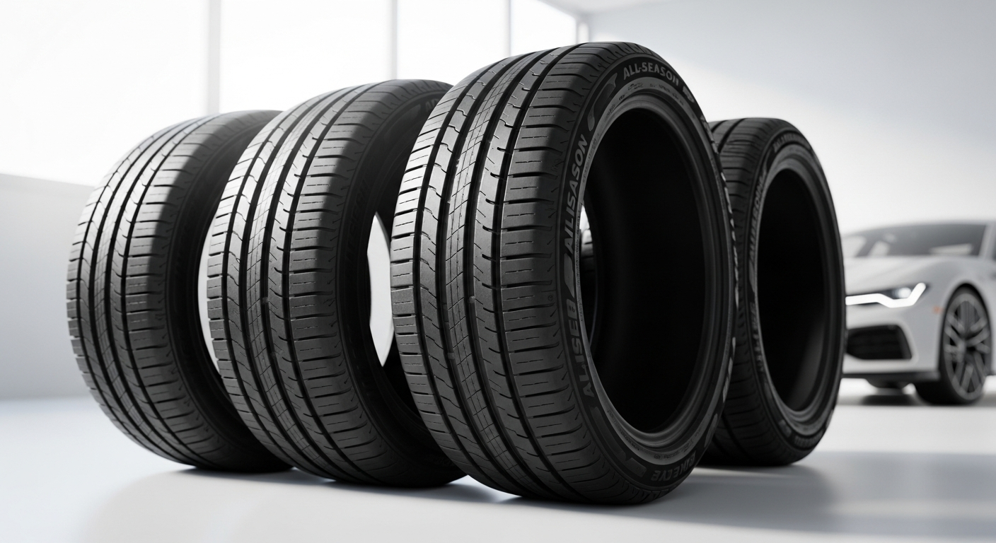 Premium all-season car tires displayed on modern vehicle wheel rim