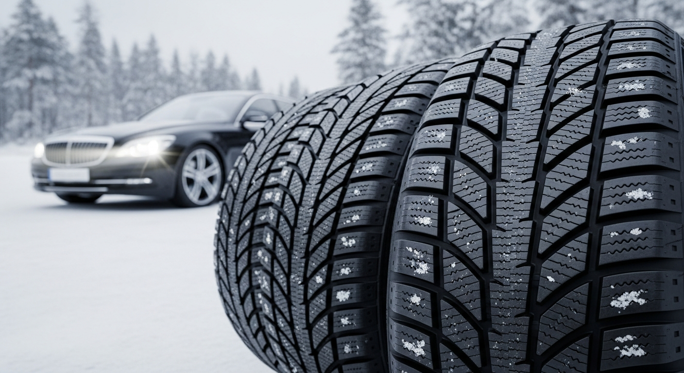 Premium winter car tires on snowy Danish road with ice and winter conditions