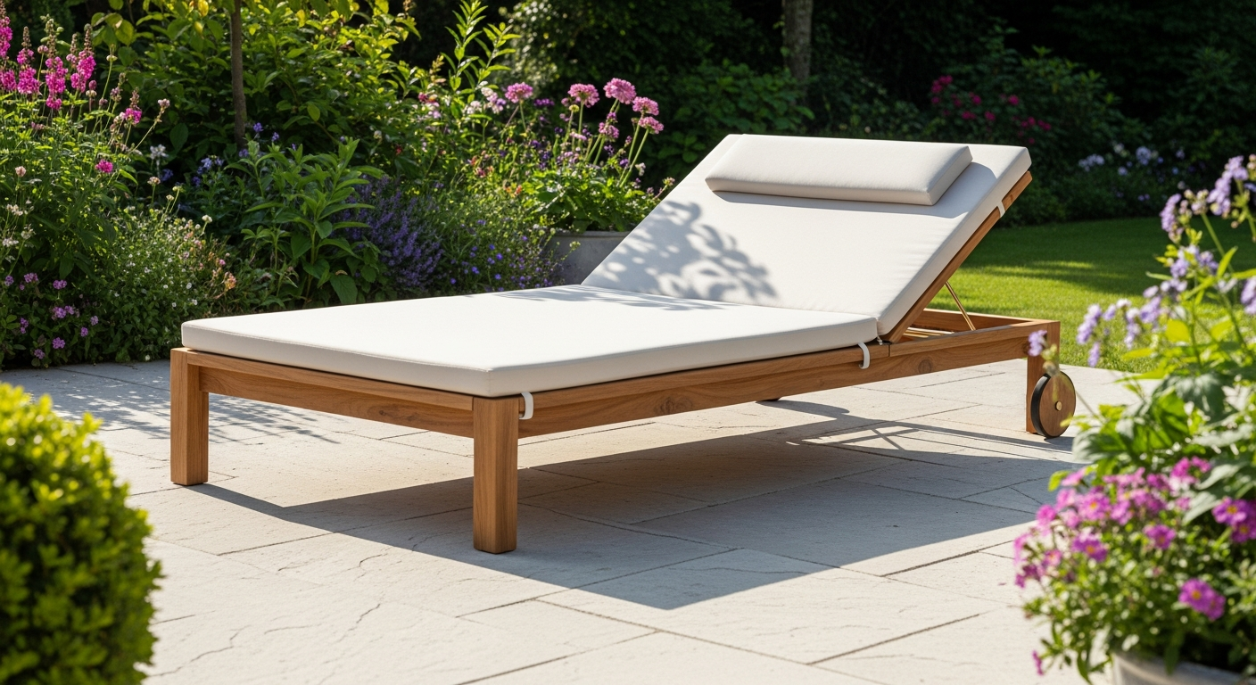 CASARIA Tami Sun Acacia wooden sun lounger with adjustable backrest and side trays in garden setting