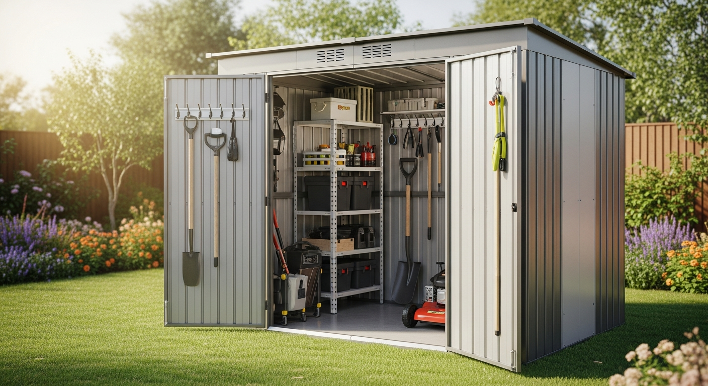 DeubaXXL Anthracite Metal Garden Shed 8x10ft exterior view showing galvanized steel construction and sliding doors