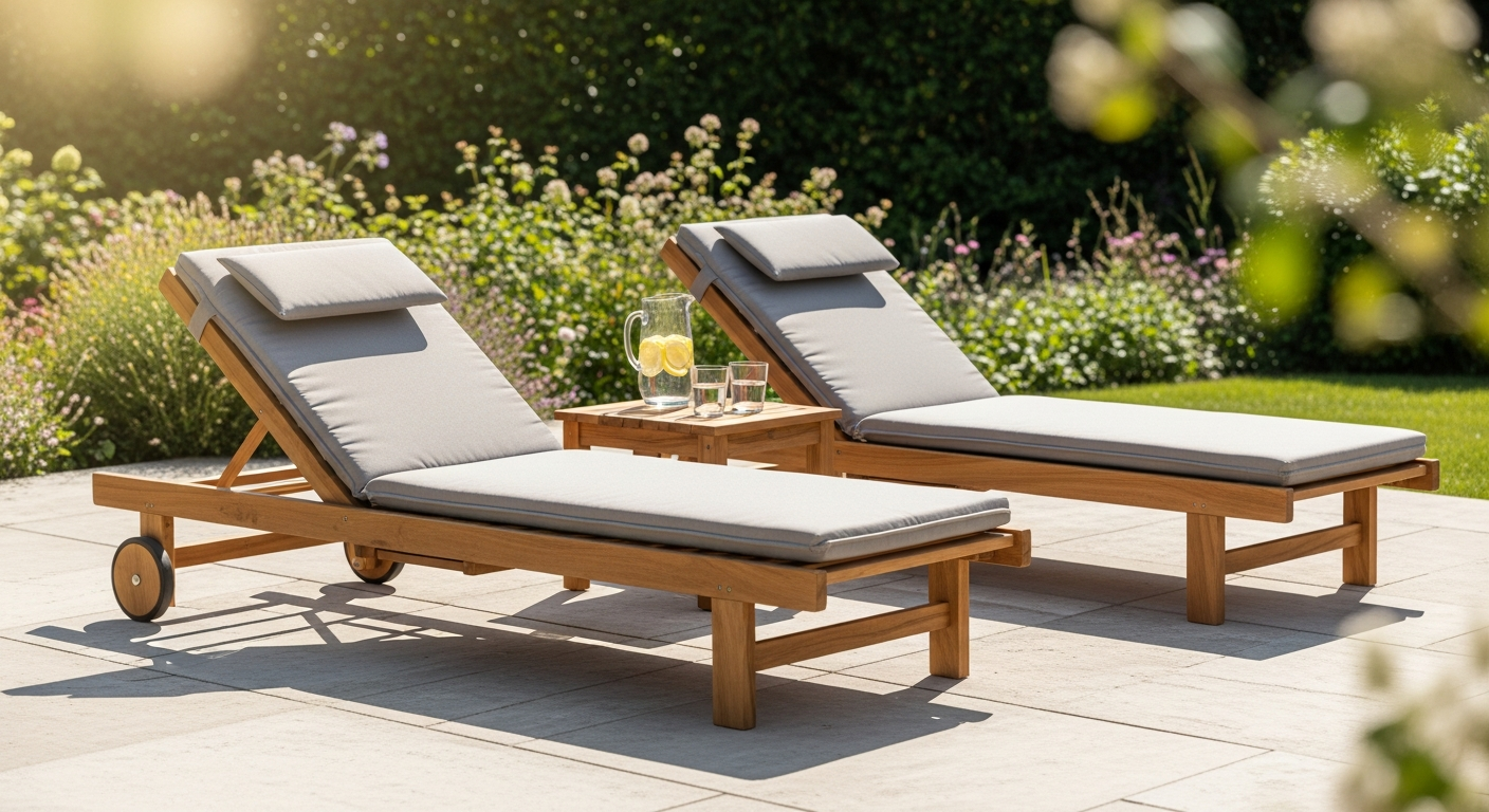 CASARIA Java Acacia Wood Sun Lounger Set in natural finish on garden terrace