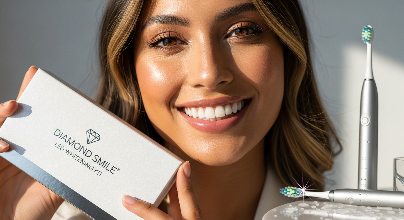 Diamond Smile LED Whitening Kit with LED mouthpiece and whitening gel for at-home teeth whitening.