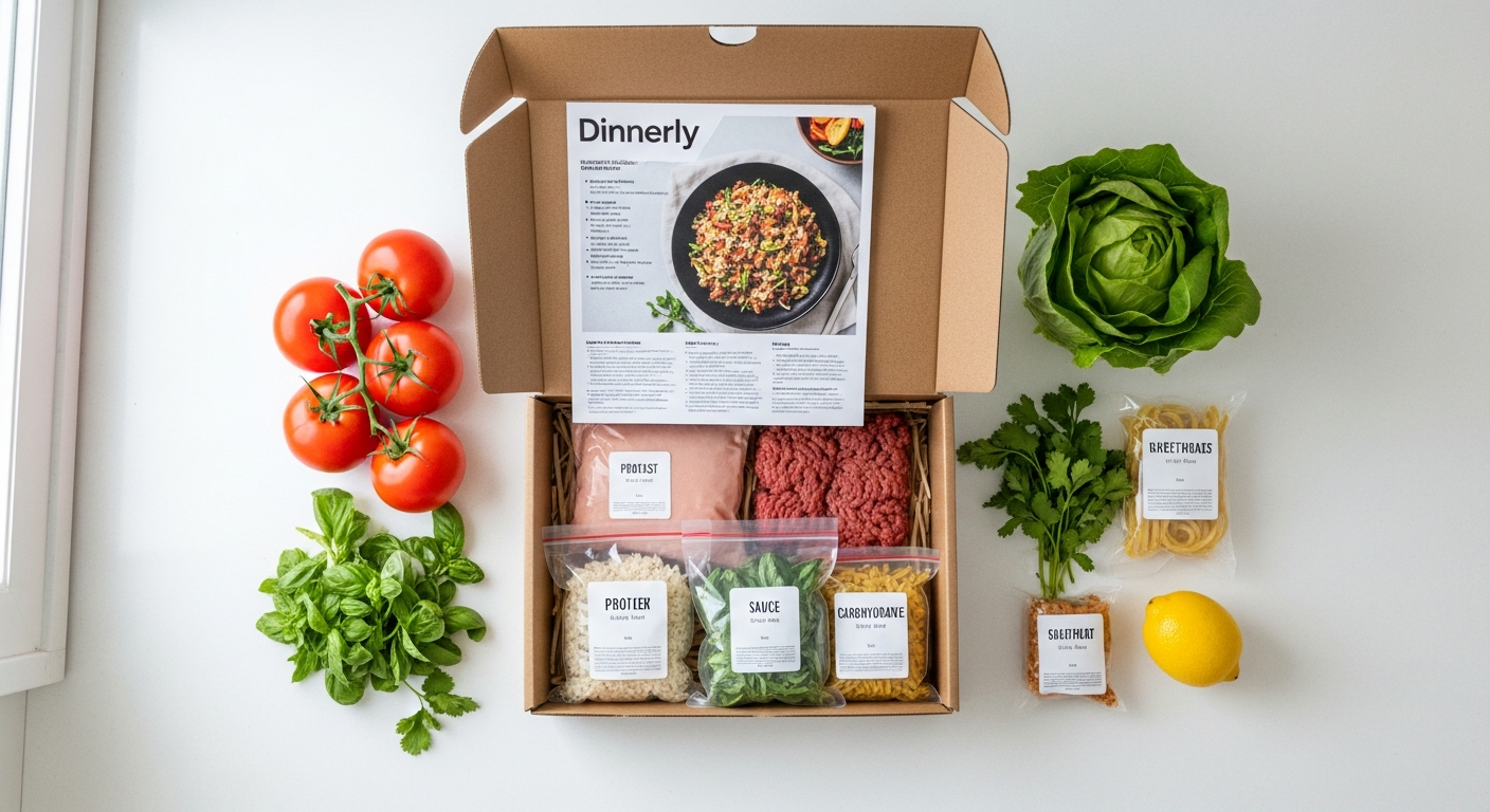 Dinnerly meal kit box with fresh ingredients and recipe cards displayed on kitchen counter