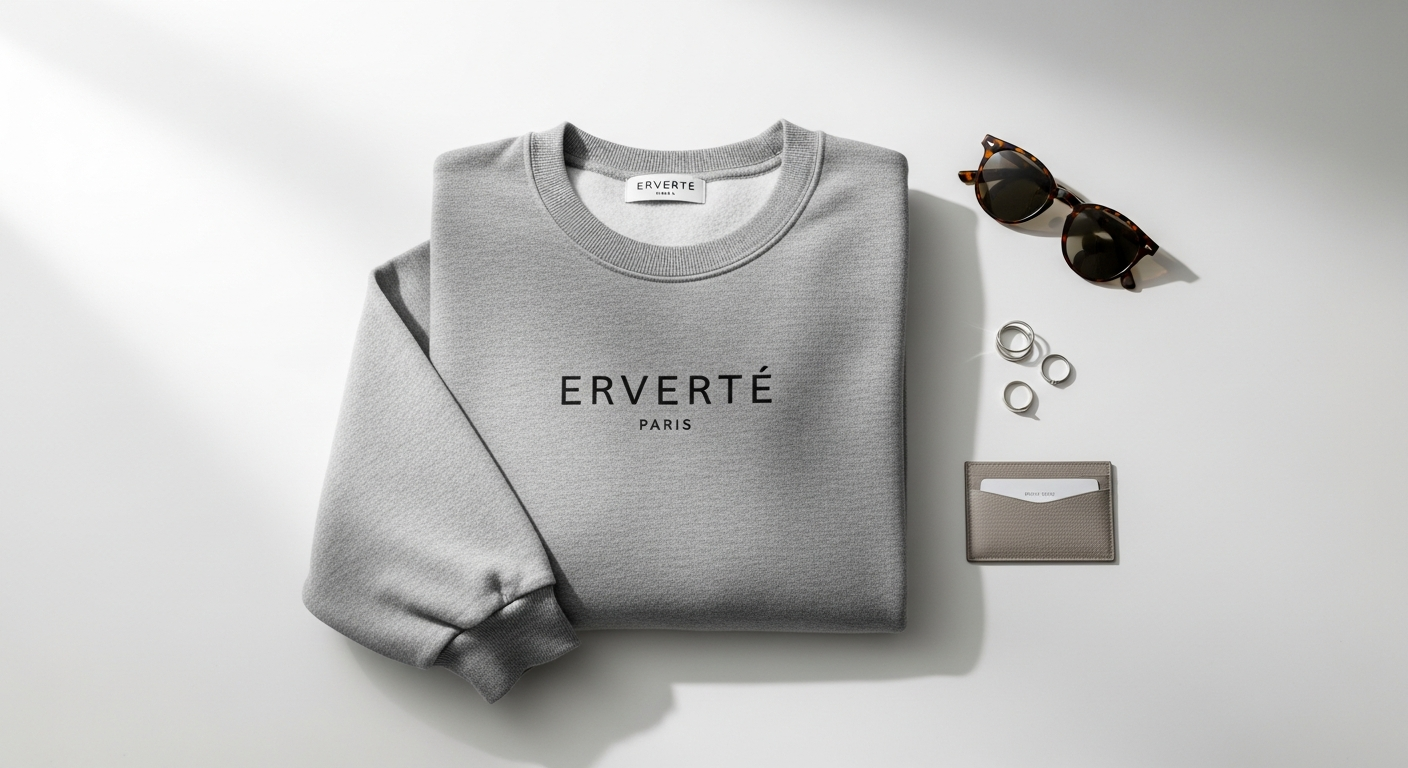 Erverte Paris organic grey sweatshirt laid flat showcasing premium fabric quality and minimalist design