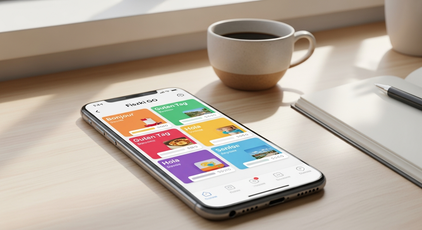 Fiszki GO mobile language learning app interface showing flashcards and spaced repetition system