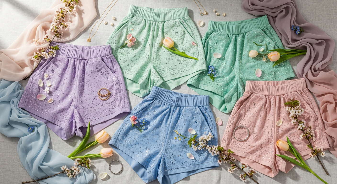 Fleurwear Rhinestone Baggy Short Pants in spring collection displayed on model