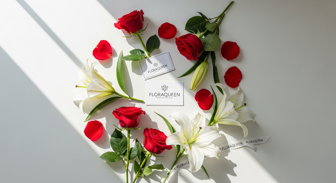 Red and pink roses with white lilies in elegant Floraqueen bouquet arrangement