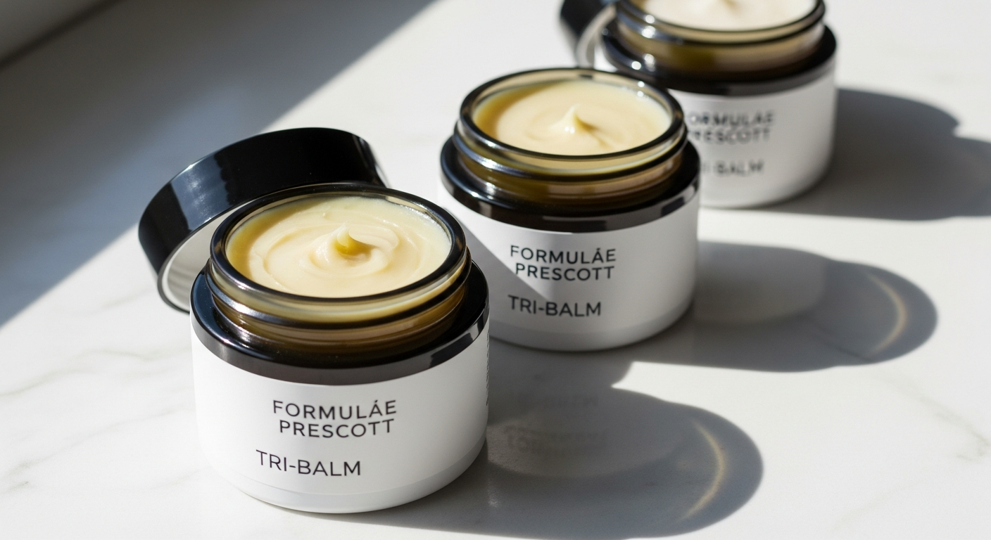 Formulae Prescott Tri-Balm luxury 3-in-1 skincare balm product in stick and jar formats