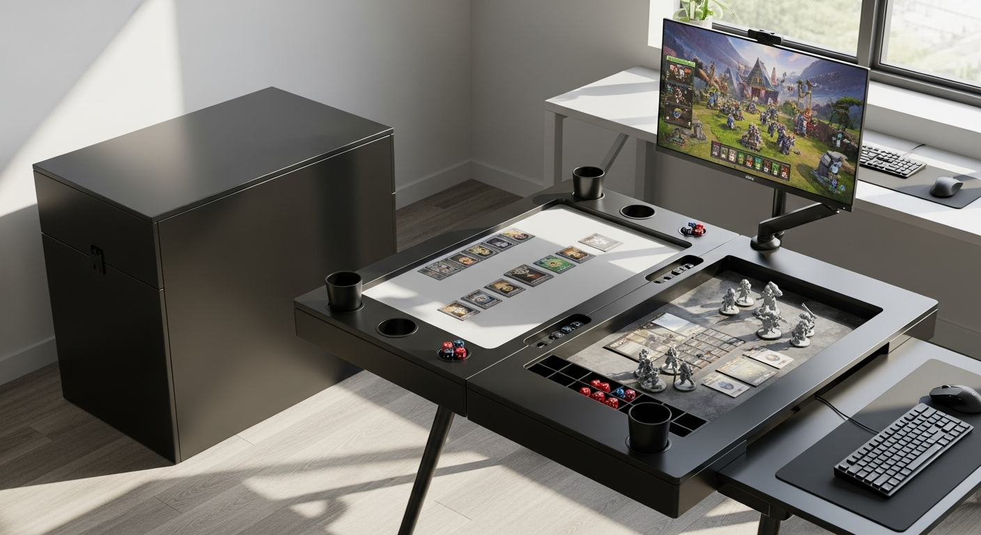 FunandTables Modular Board Gaming Table with recessed playing surface and integrated accessories