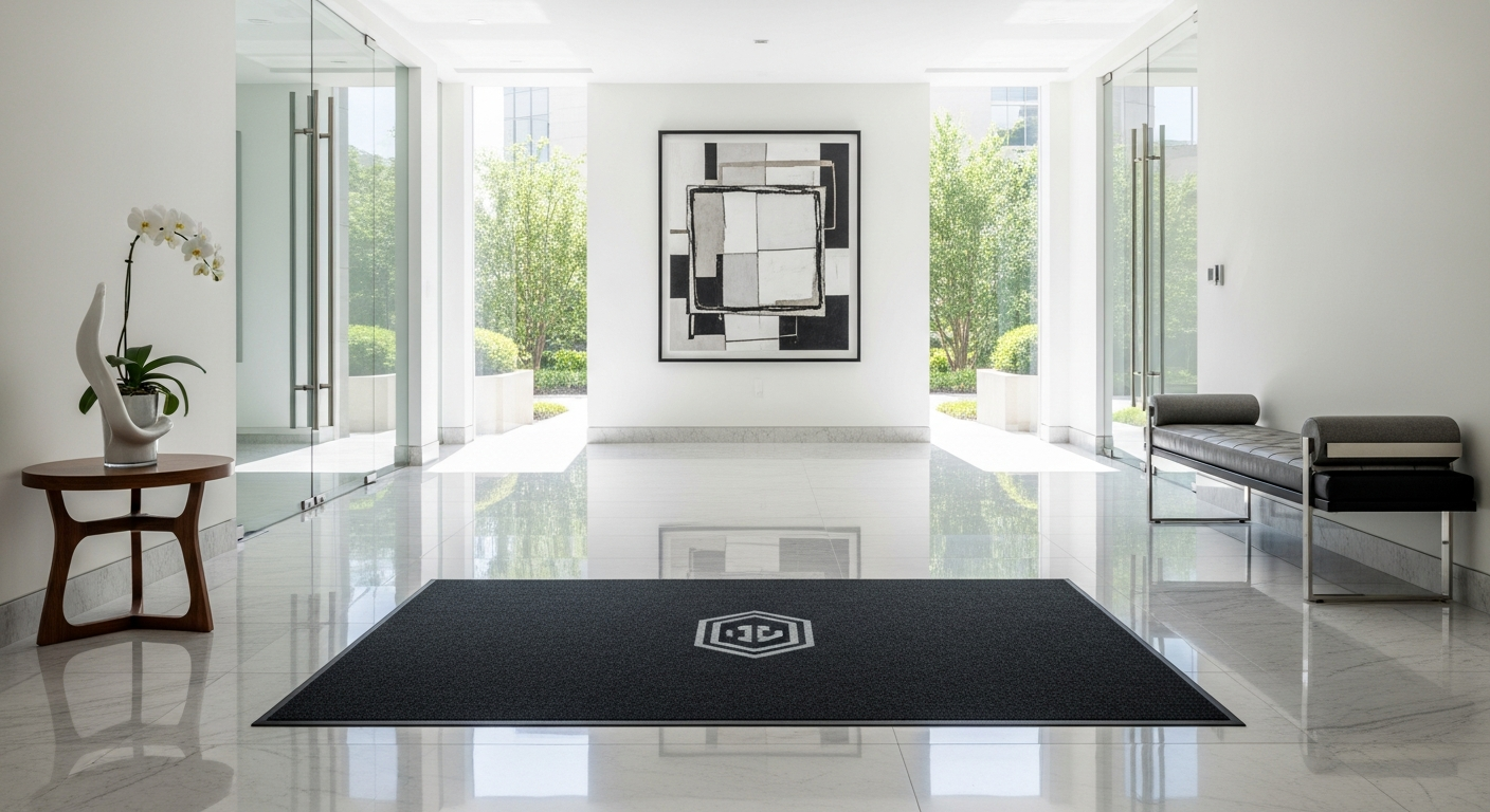 Custom logo mat with vibrant brand design displayed at professional business entrance
