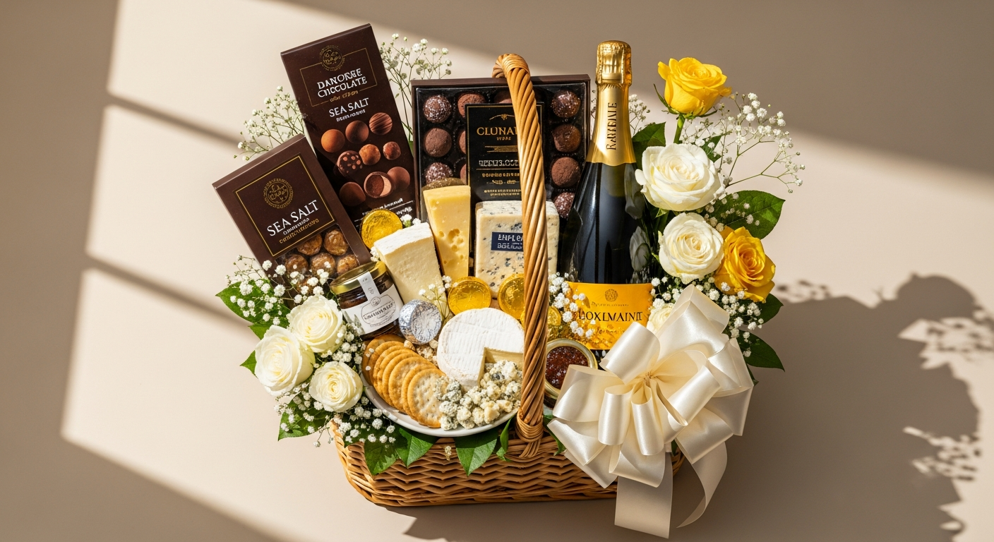 Golden Celebration Gourmet Gift Basket with Belgian chocolates and artisan coffee