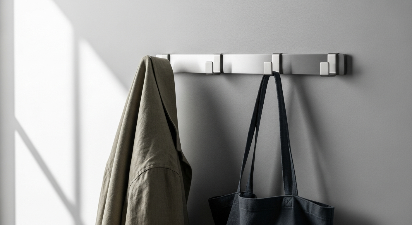 Gedotec stainless steel coat hooks mounted on white wall in modern entryway