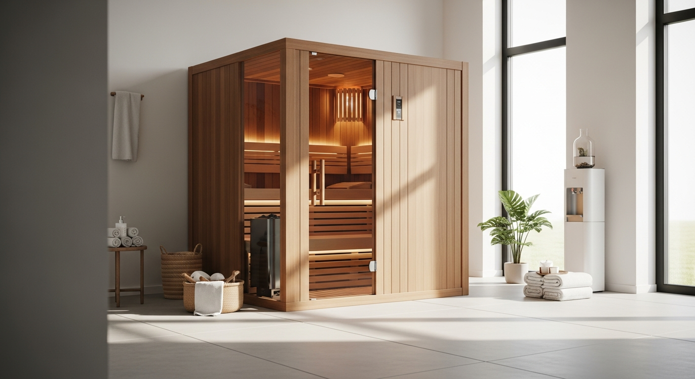 Modern black-framed traditional sauna with panoramic glass windows and spruce wood construction