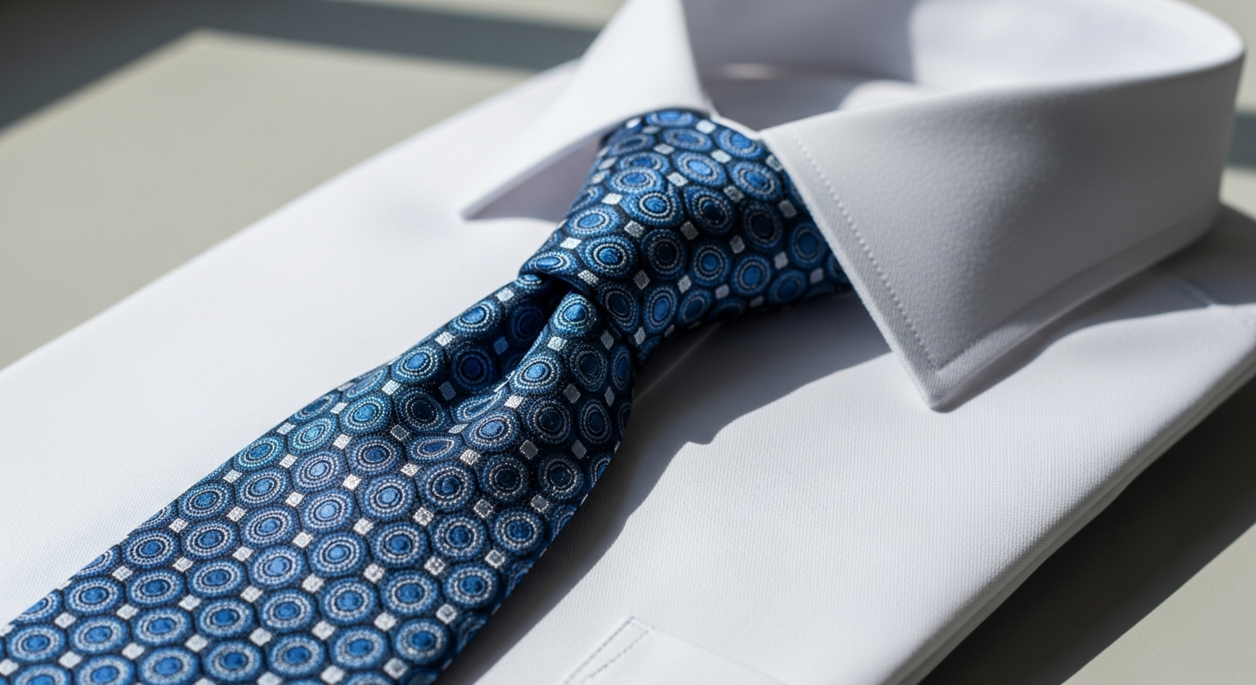 Drake's blue circle diamond silk tie displayed on neutral background