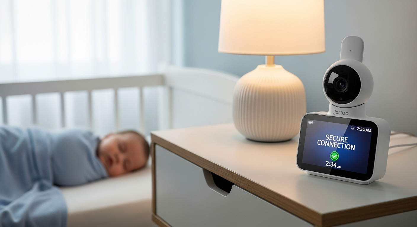 Jartoo 2K No-WiFi Video Baby Monitor displaying 2K resolution on screen