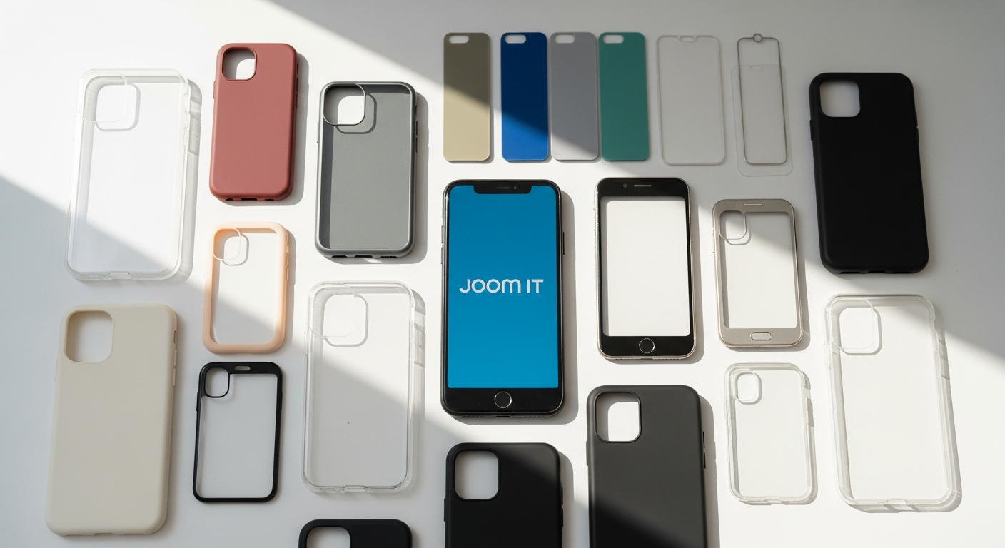 Affordable smartphone cases and screen protectors displayed on various phone models