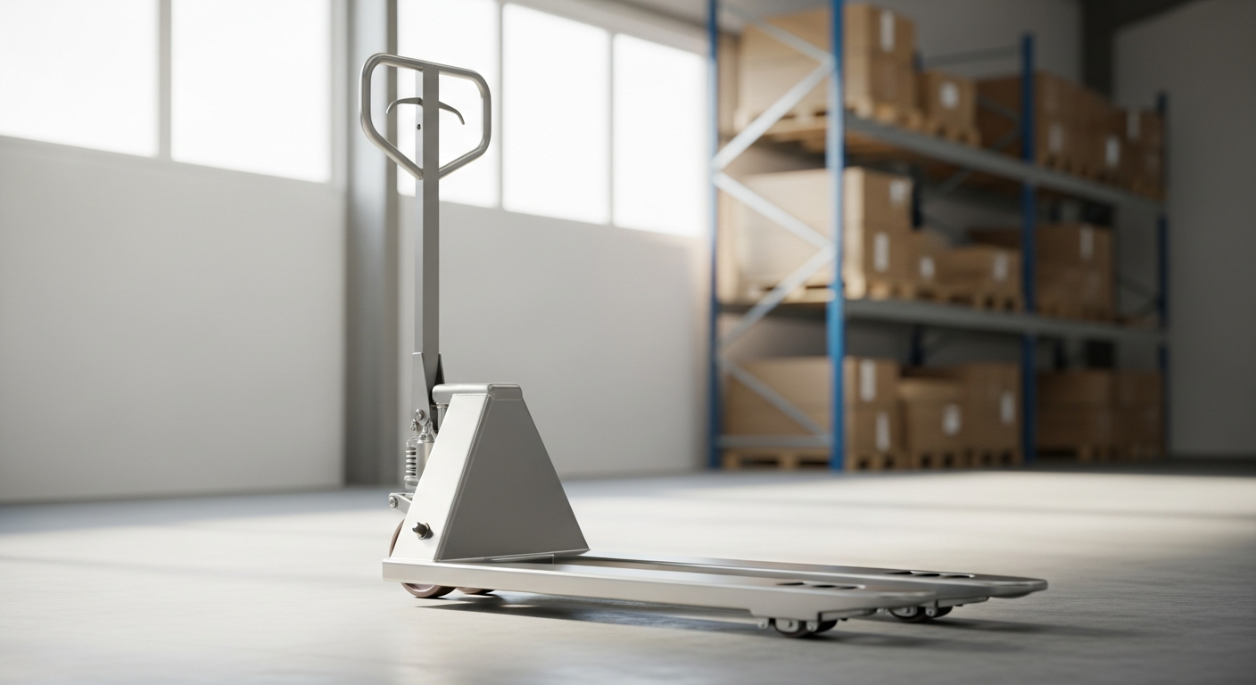 Stainless steel pallet truck with single fork roller design in food processing facility