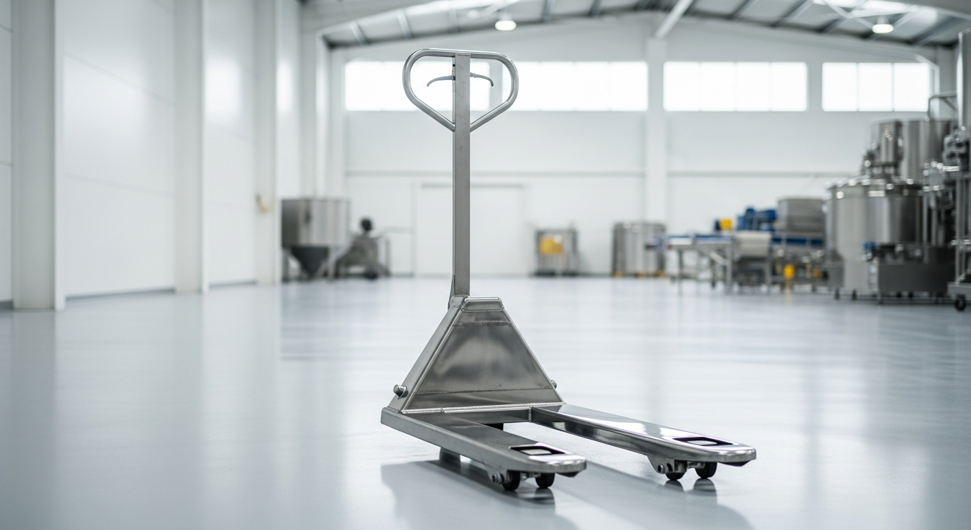 Stainless steel pallet truck with single fork rollers in food production facility