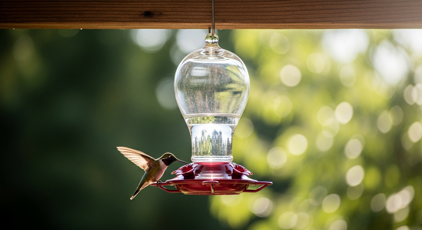 Kingsyard 16oz glass hummingbird feeder with red accents and built-in ant moat