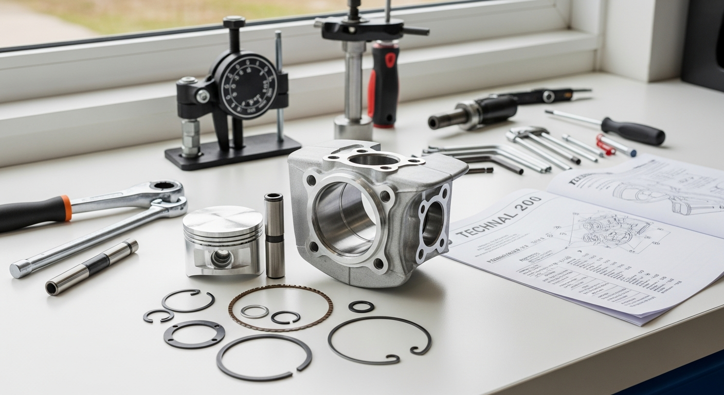 50cc motorcycle cylinder kit with piston rings and gasket components displayed