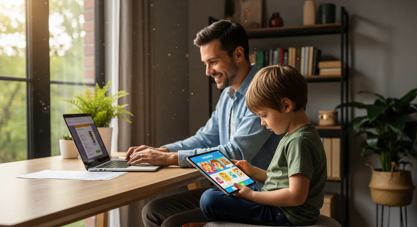 Working parent using Lingokids educational app on tablet with child learning playlearning methodology
