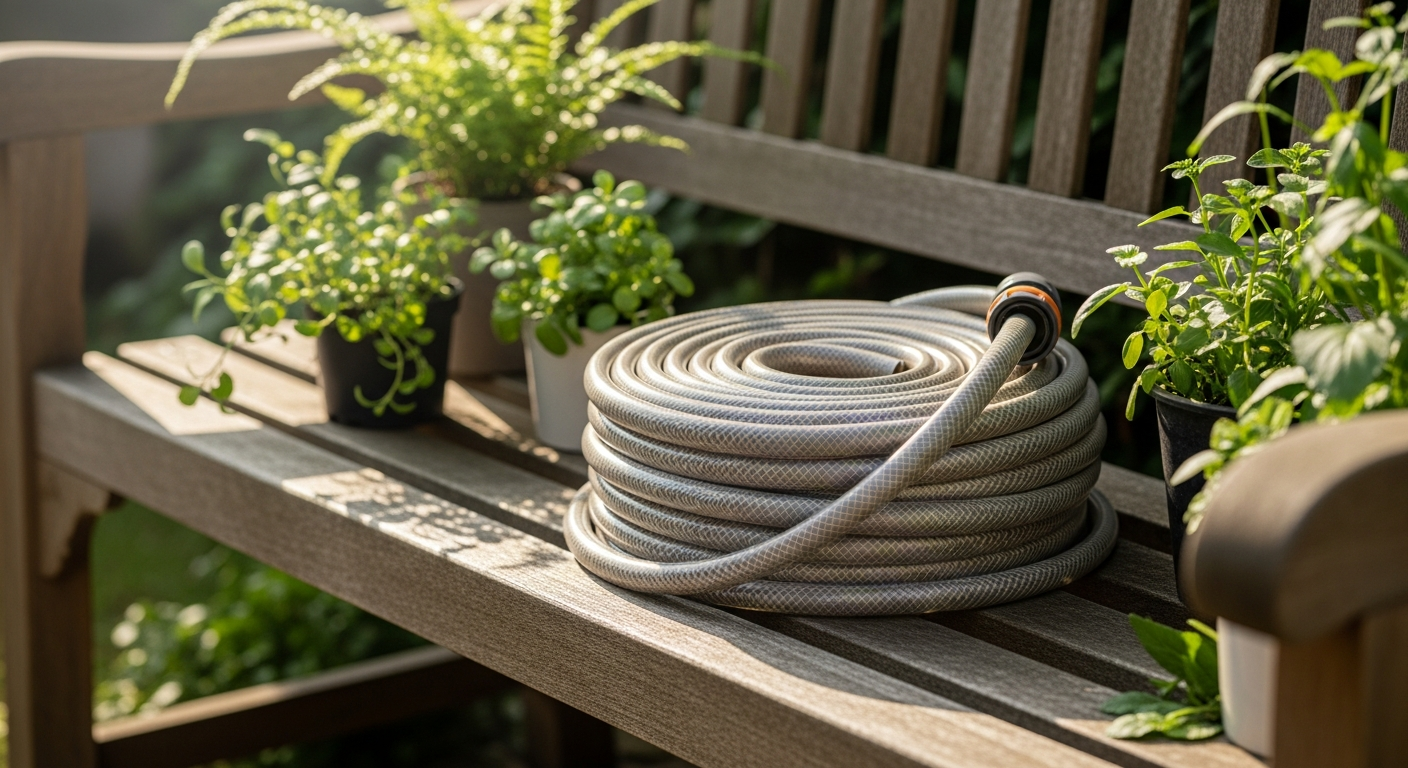 Livlig Design Garden Hose in Gentle Greige coiled on modern patio