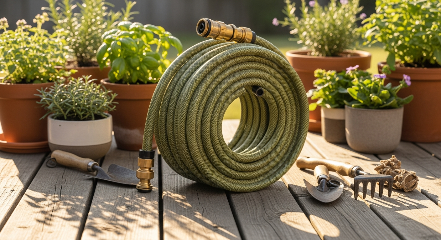 LIVLIG eco-friendly garden hose in Gentle Greige color coiled on green grass